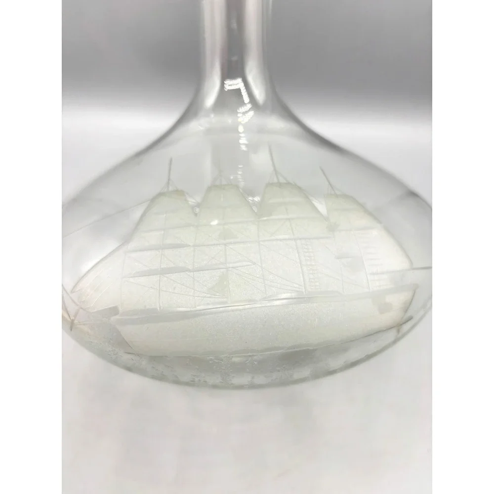 Vintage Etched Glass Ship Decanter Nautical Sailing Vessel with Ball Stopper